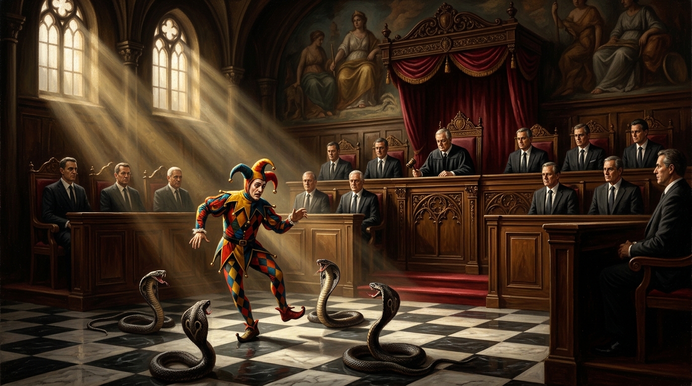 A jester dancing amongst cobras on a checkered court floor below twelve suited judges on court benches